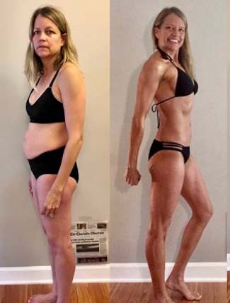 Michele zeigt ihr Seitenprofil vor und nach dem Verlust von 13,6 kg Fett