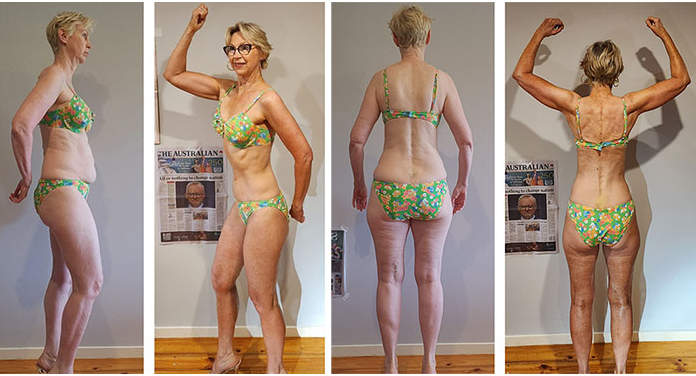 Linda zeigt ihre Körpertransformation mit ihrem Vorher-Nachher-Profil, Vorder- und Rückseite, im Alter von fast 60 Jahren