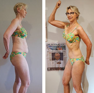Linda zeigt ihre Körpertransformation mit 60 mit einem Vorher-Nachher-Profil