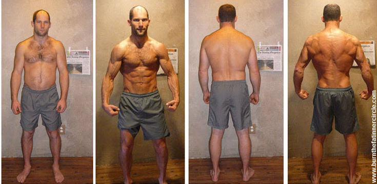 Wie man trocken und definiert wird – James 49-tägige Körpertransformation, Vorher- und Nachher-Fotos, Vorder- und Rückseite