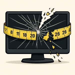 ein kaputter Computerbildschirm mit einem zerrissenen Maßband darum