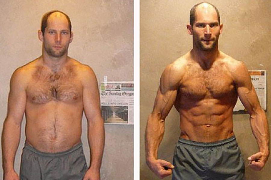 James vor und nach der Körpertransformation mit gestählten Bauchmuskeln