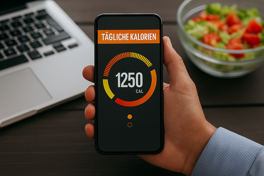 Mann hält Smartphone mit Kalorienzähler-App mit 1250 Kalorien, Laptop und gesunder Salatschüssel im Hintergrund