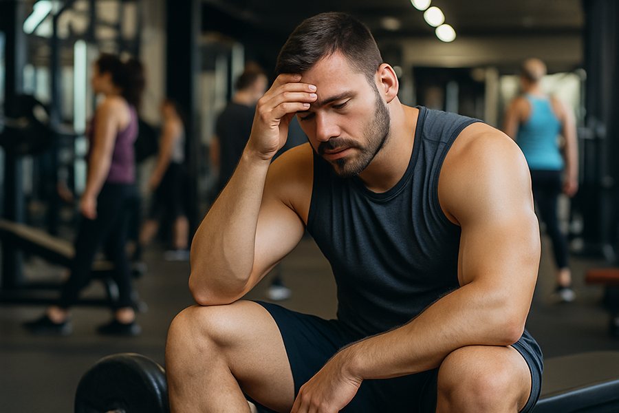 Mann sitzt auf einer Bank im Fitnessstudio, der nach dem Krafttraining und zu viel Junk-Volume müde aussieht