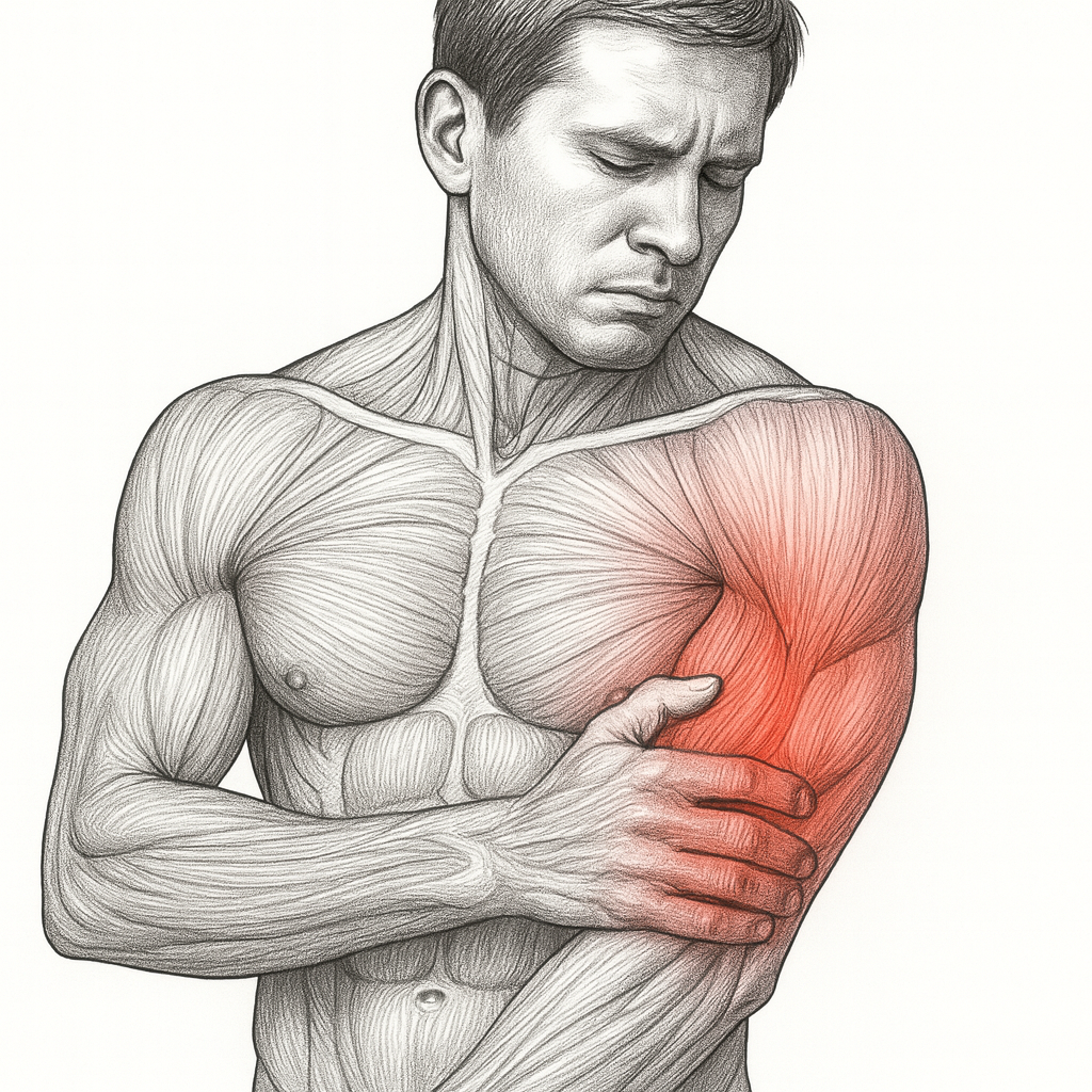 Bild eines Mannes, der seinen schmerzenden Oberarm reibt