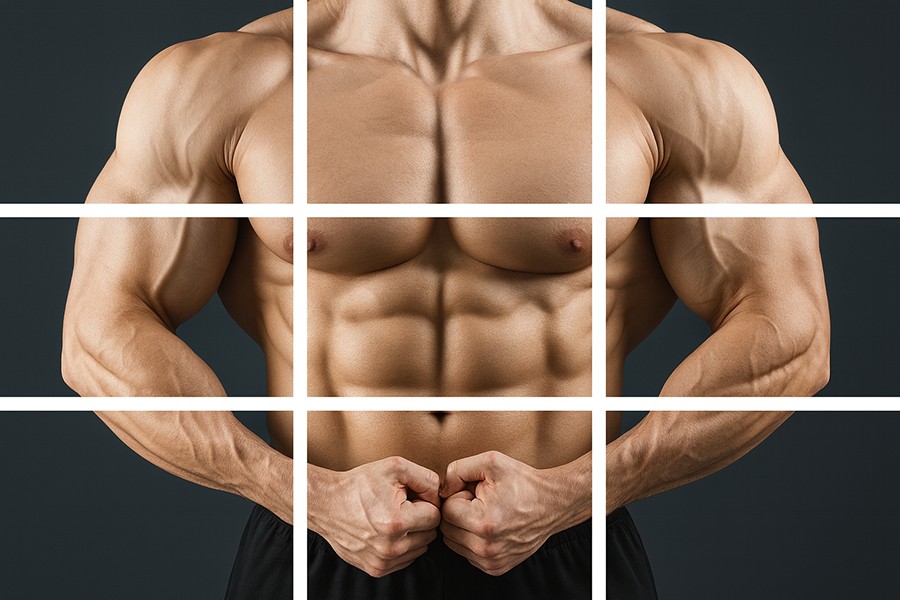 Der Oberkörper eines muskulösen Mannes, unterteilt in Segmente