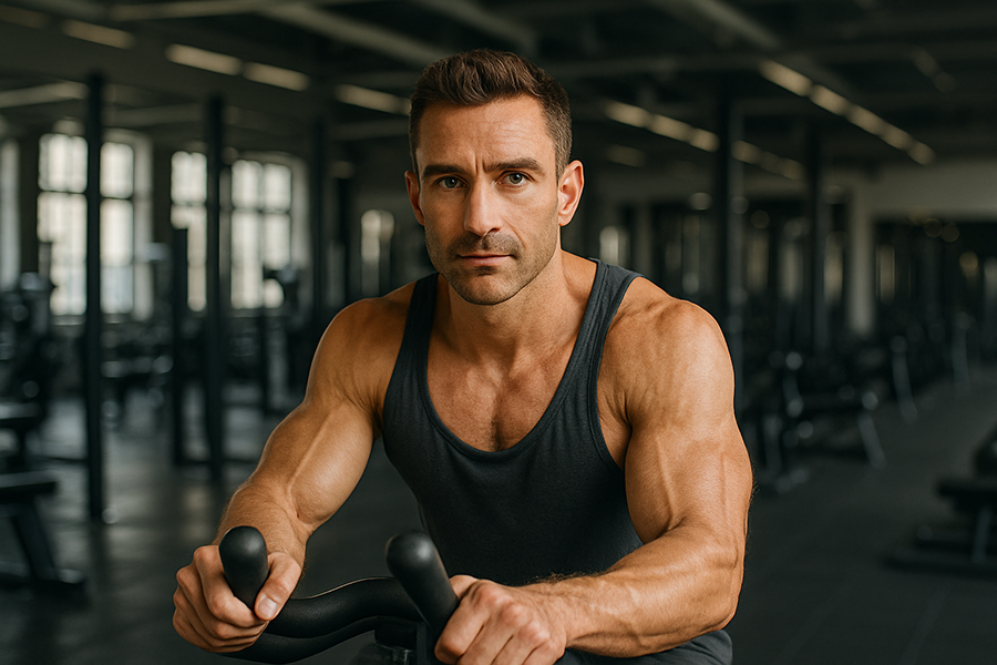 Ein muskulöser Mann sitzt auf einem Ergometer und absolviert eine Einheit Cardio zweimal täglich