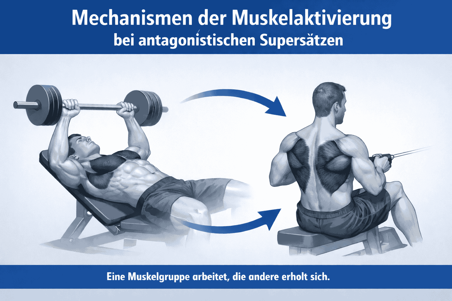 Infografik zu antagonistischen Supersätzen: Muskelaktivierung bei Bankdrücken und Kabelrudern im direkten Vergleich
