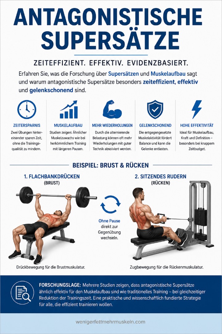 Eine Infografik, die die Vorteile von Supersätzen und Muskelaufbau erklärt.