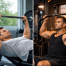 Ein Mann im Fitnessstudio, morgens und abends, der ein Doppelsplit-Training macht