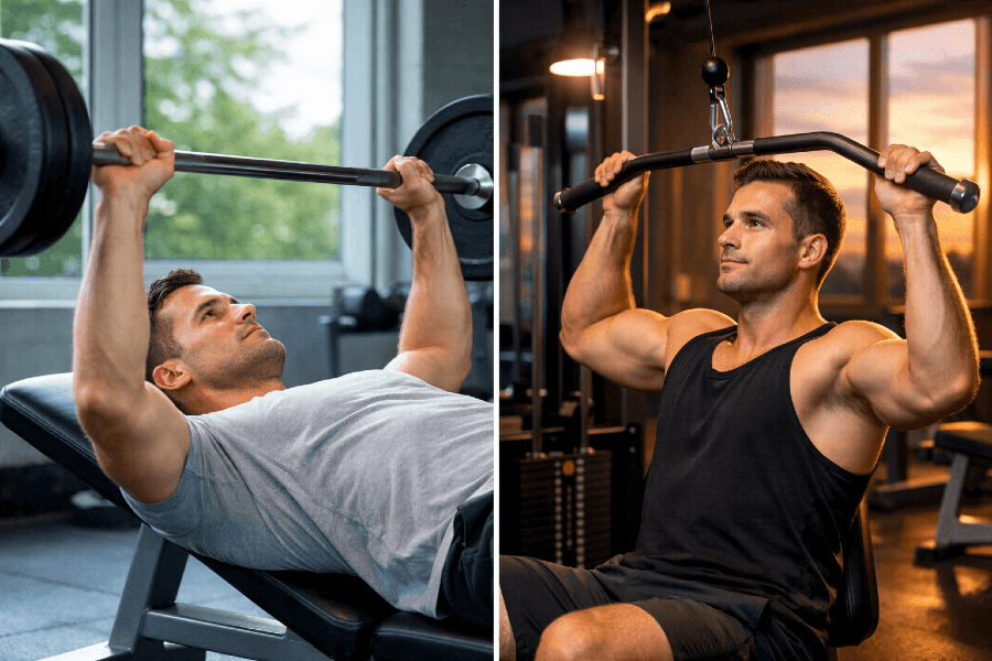 Ein Mann im Fitnessstudio, morgens und abends, der ein Doppelsplit-Training macht