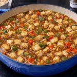 Honig-Senf-Hähnchen mit Paprika und Zwiebeln in einer emaillierten Pfanne, servierfertig und proteinreich
