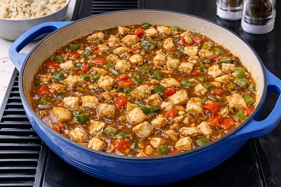 Honig-Senf-Hähnchen mit Paprika und Zwiebeln in einer emaillierten Pfanne, servierfertig und proteinreich