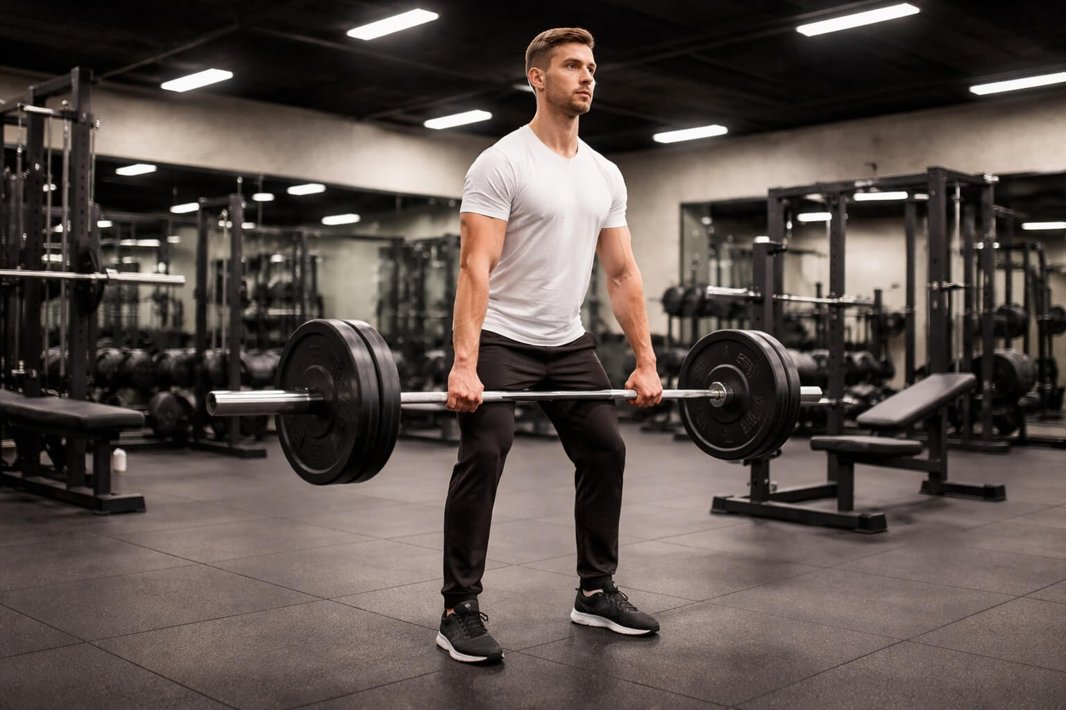 Athletischer Mann im Fitnessstudio führt eine Romanian Deadlift (Langhantel-RDL) in aufrechter Startposition mit schwerer Langhantel aus