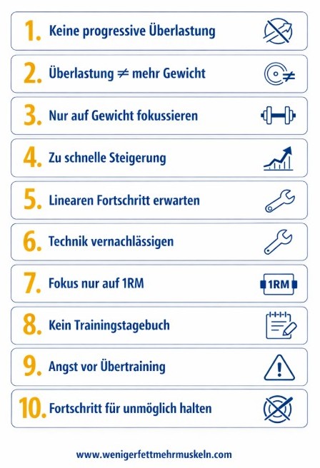 Infografik mit den 10 häufigsten Fehlern bei der progressiven Überlastung im Krafttraining, dargestellt als minimalistische Kartenübersicht