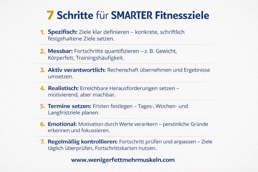 Infografik zu SMARTER Fitnesszielen mit 7 Schritten für effektiven Fortschritt