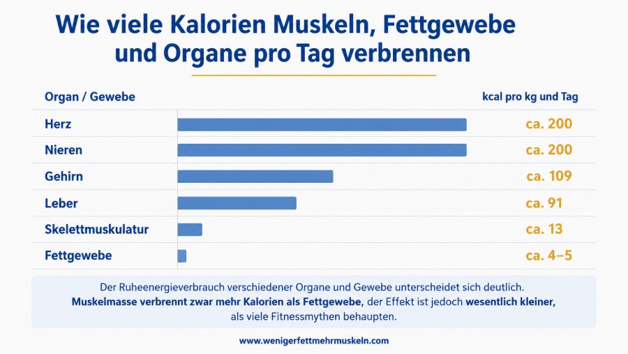 Infographik wie viele Kalorien Muskeln, Fettgeweben und Organe pro Tag verbrennen