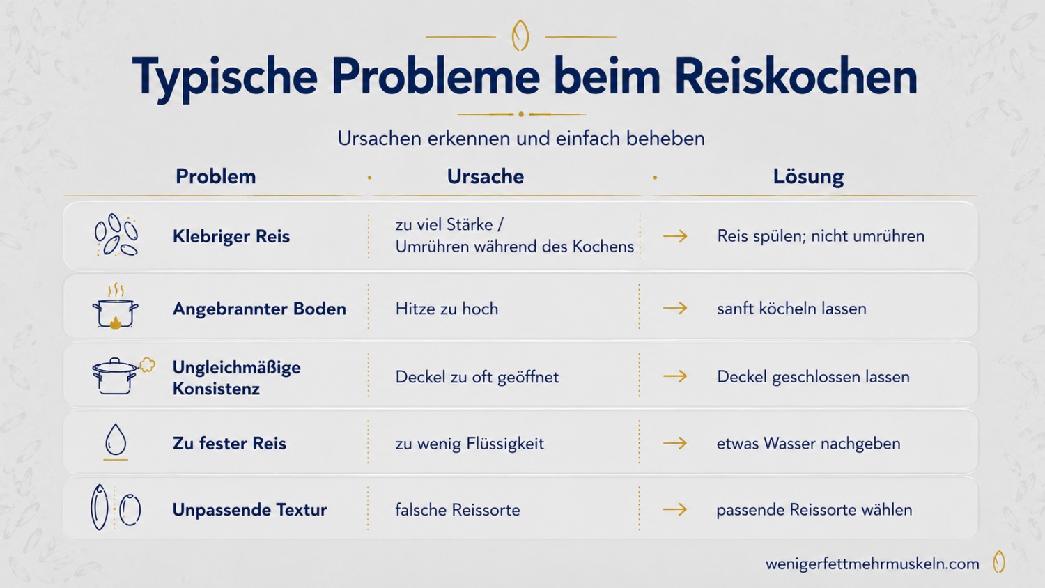 Infographik typische Probleme beim Reiskochen
