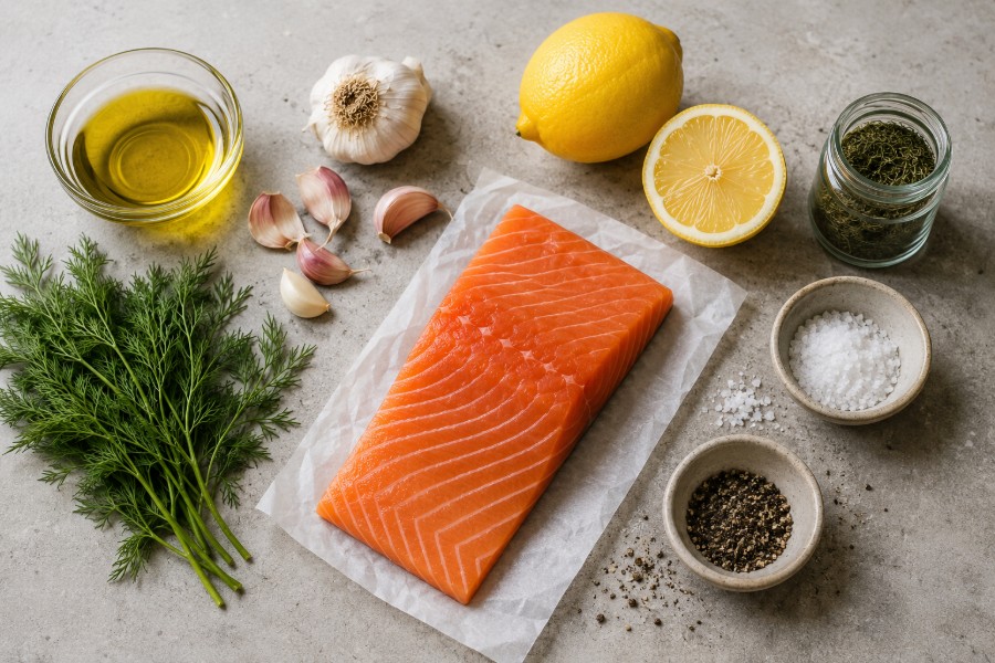 Die rohen Zutaten für Lachs aus dem Ofen mit Knoblauch und Dill