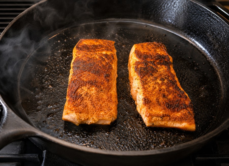 Knusprig gebratener Lachs aus der Gusseisenpfanne