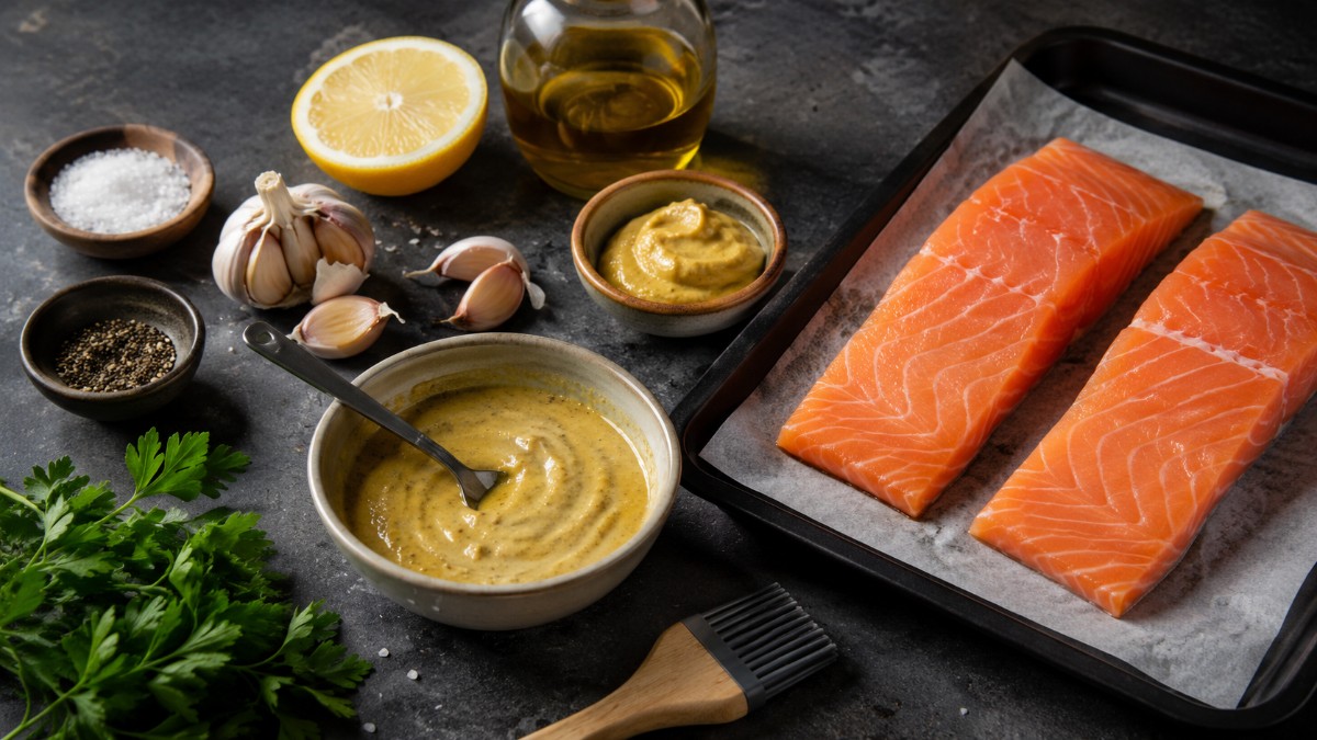 Lachs mit Zutaten für Senf-Lachs aus dem Ofen