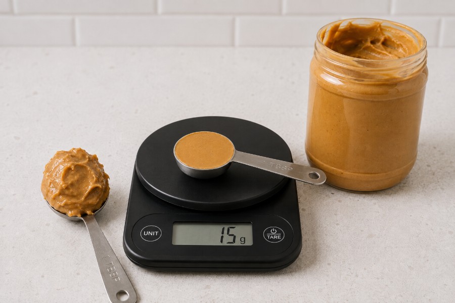 Waage mit einem Esslöffel Erdnussbutter.