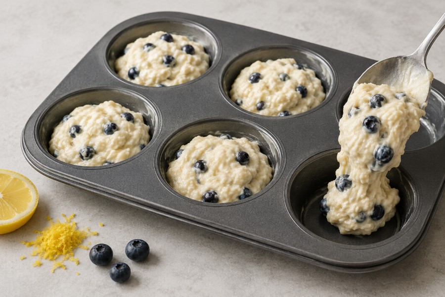 Zitronen-Blaubeer-Protein-Muffinteig in der Backform
