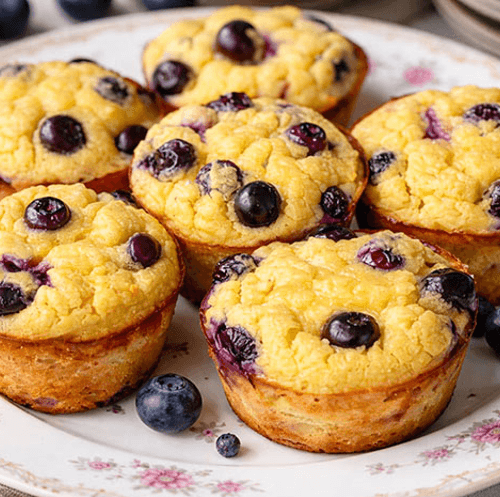 ein Teller mit sechs Zitronen-Blaubeer-Protein-Muffins