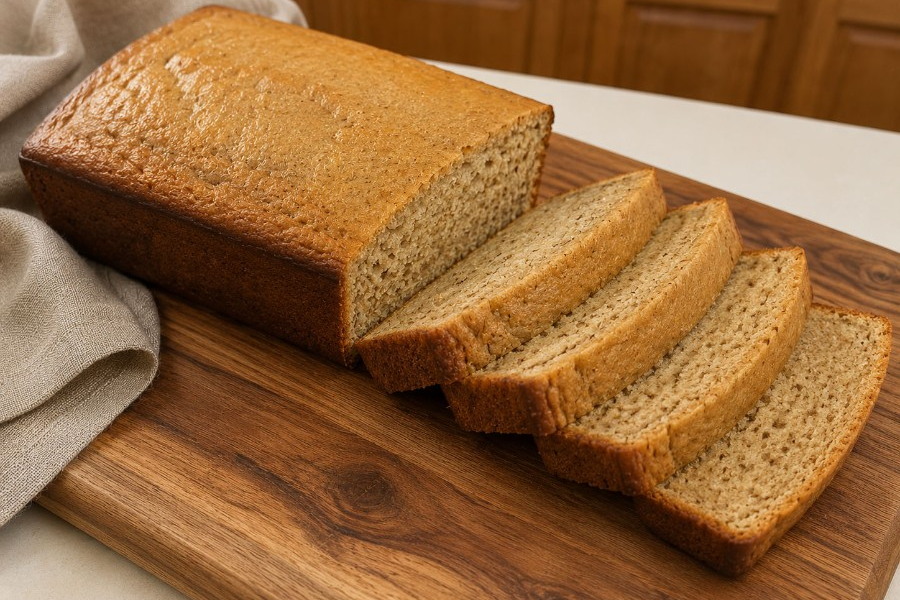 Bananenbrot auf einem Holzbrett mit vier Scheiben
