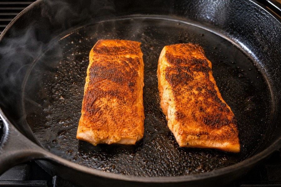 Knuspriger Lachs in einer Bratpfanne