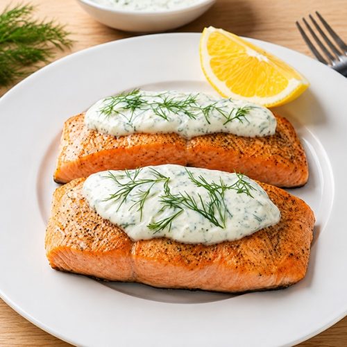 Ein Teller mit zwei Lachsfilet mit Zitronen-Kräuter-Sauce