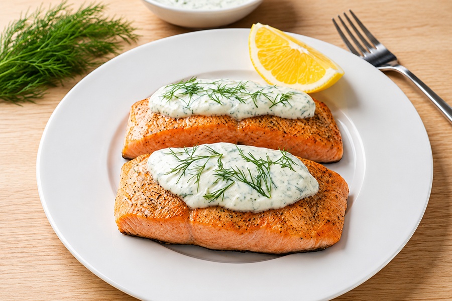 Ein Teller mit zwei Lachsfilet mit Zitronen-Kräuter-Sauce