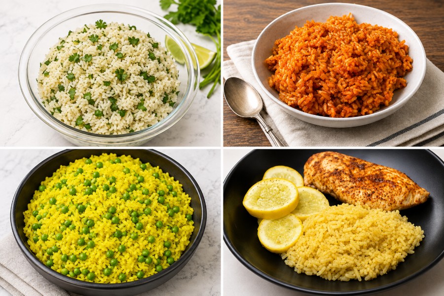 Collage mit Koriander-Limetten-Reis, mexikanischem Reis, Kurkuma-Reis mit Erbsen und gewürztem Reis mit Hähnchen.