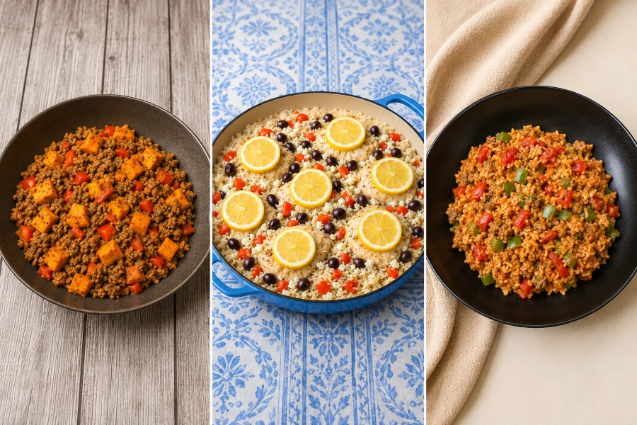 Drei proteinreiche One-Pot-Gerichte mit Hähnchen, Hackfleisch, Reis und Süßkartoffeln.