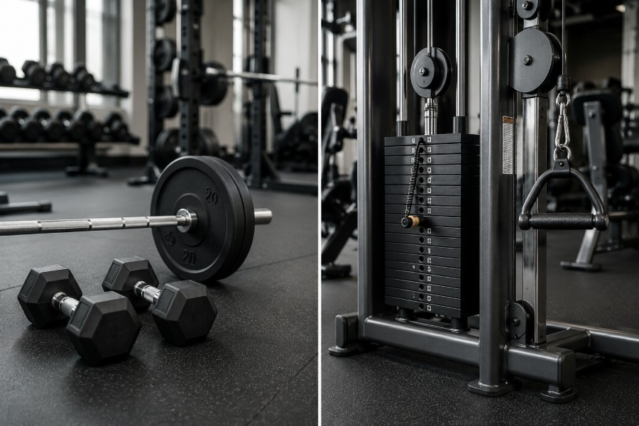 Fitnessstudio mit Langhantel und Kabelzuggerät