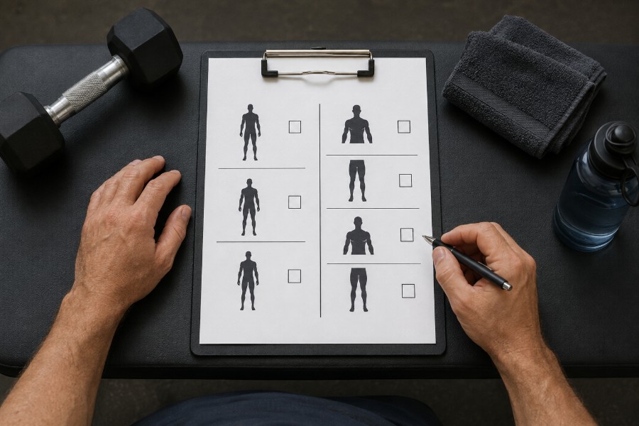 Zwei Trainingspläne auf einem Klemmbrett als Vergleich von Ganzkörpertraining und Split-Training.