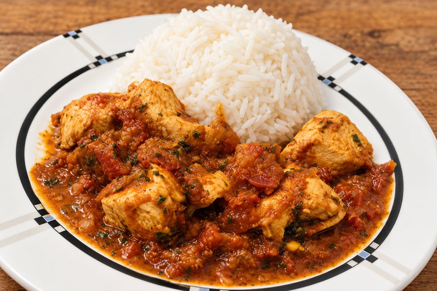 Kalorienarmes Hähnchencurry mit Basmatireis auf einem weißen Teller