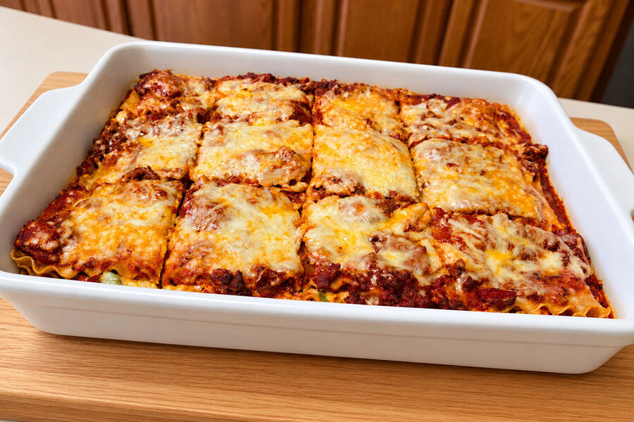 Eine Auflaufform mit klassischer Lasagne