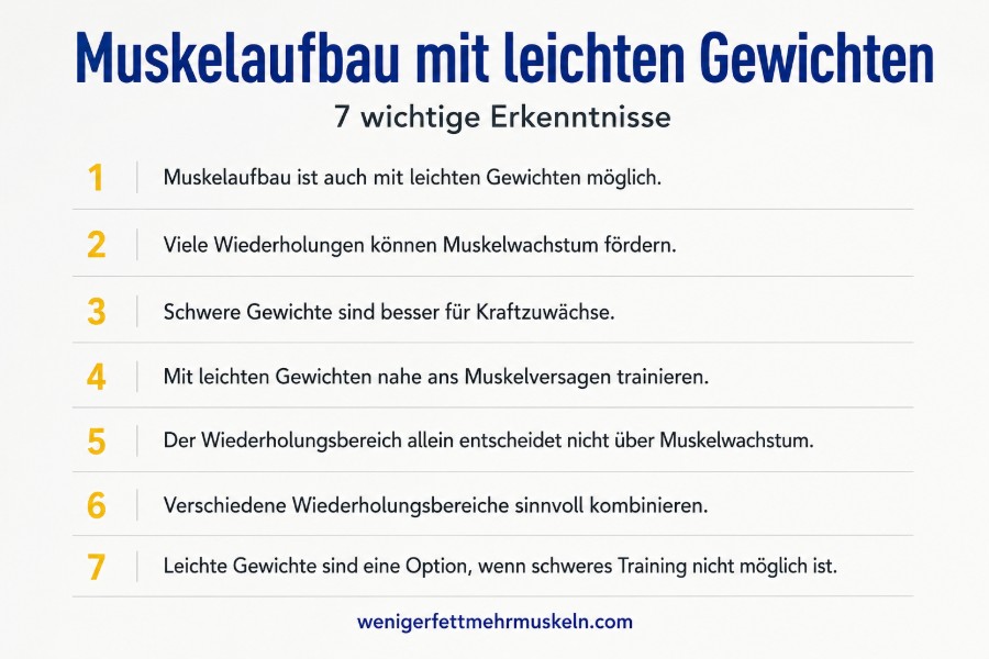 Infografik zum Muskelaufbau mit leichten Gewichten mit sieben Erkenntnissen zu Wiederholungen, Muskelwachstum, Kraft und Muskelversagen.