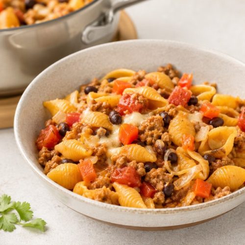 Ein Teller mit einer Portion One-Pot-Taco-Pasta mit Hackfleisch und Bohnen