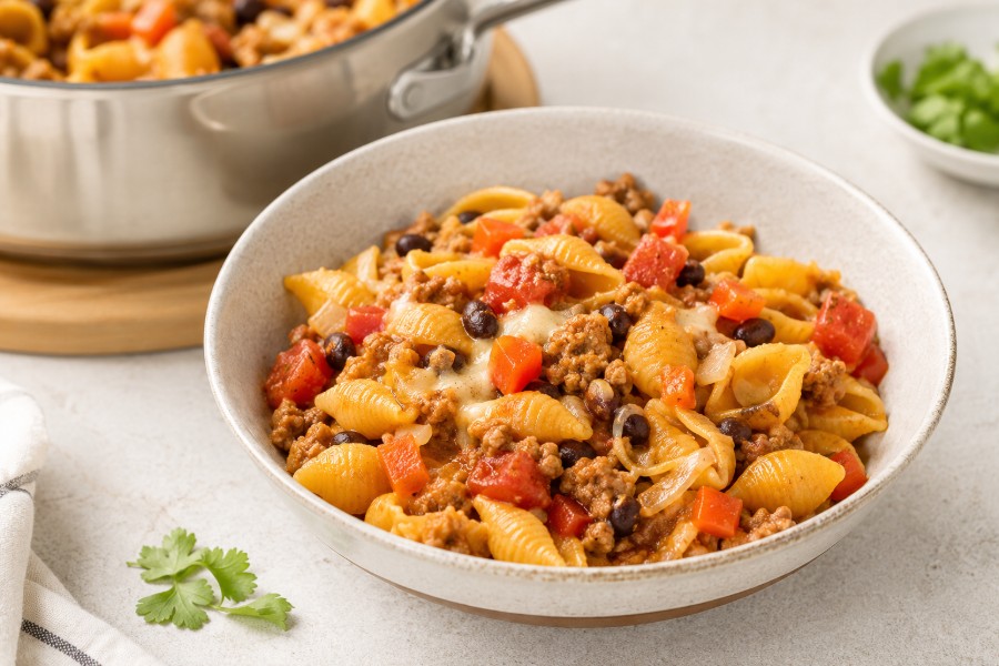 Ein Teller mit einer Portion One-Pot-Taco-Pasta mit Hackfleisch und Bohnen
