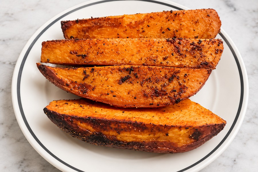 Würzige Süßkartoffel-Wedges aus dem Ofen mit gebräunten Rändern auf einem weißen Teller.